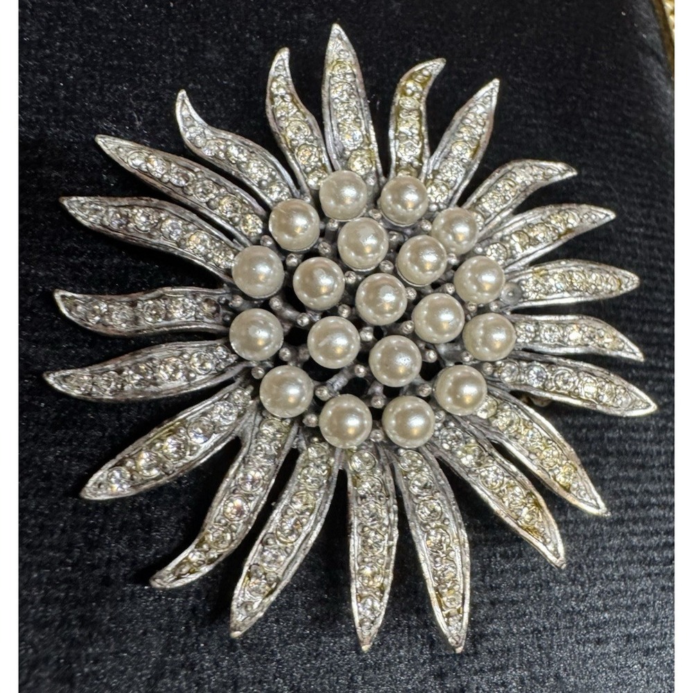 Vintage Rhinestone Faux Pearl Sunburst Flower Brooch Silver Tone Statement Pin